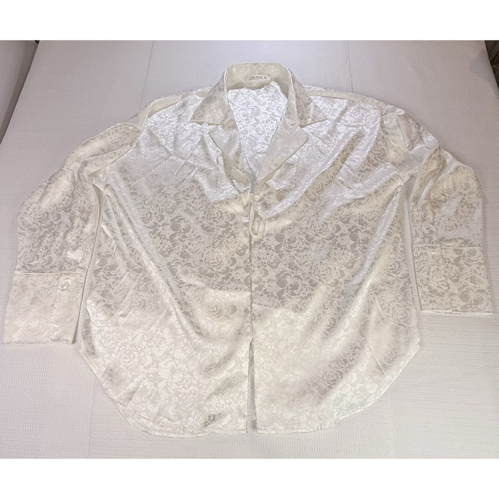 12th Tribe Ivory Satin Jacquard Tie Front Blouse M Bridal Lounge Chic Cocktail